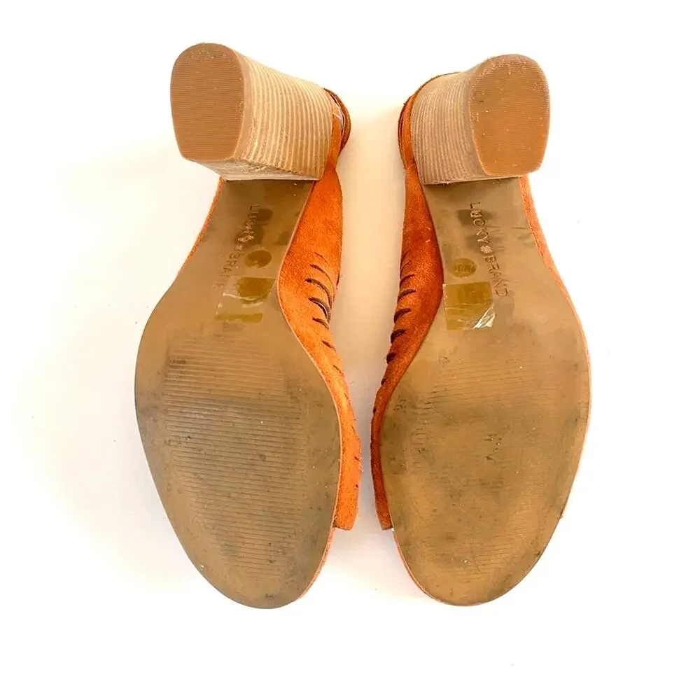LUCKY BRAND Yvette Sandals Heels Rust Suede Woven Slingback Boho Western Sz 9